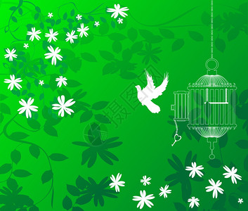 绿色花岗背景鸟儿从笼子里飞出来背景图片
