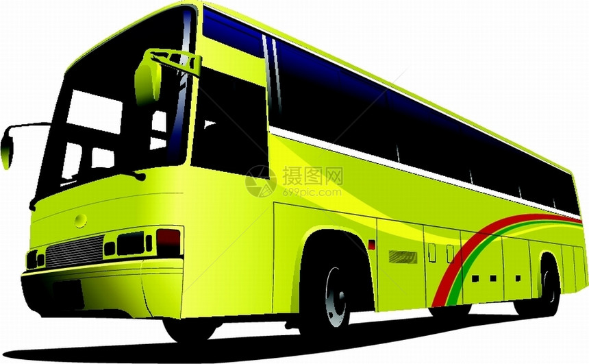 黄色城市公交车在路上的矢量插图图片