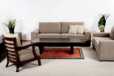 室内装饰良好的现代客厅有棕色沙发图片