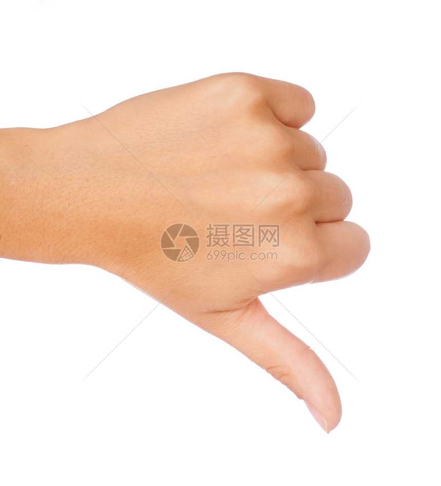 在白色背景中孤立的手势拇指下方图片