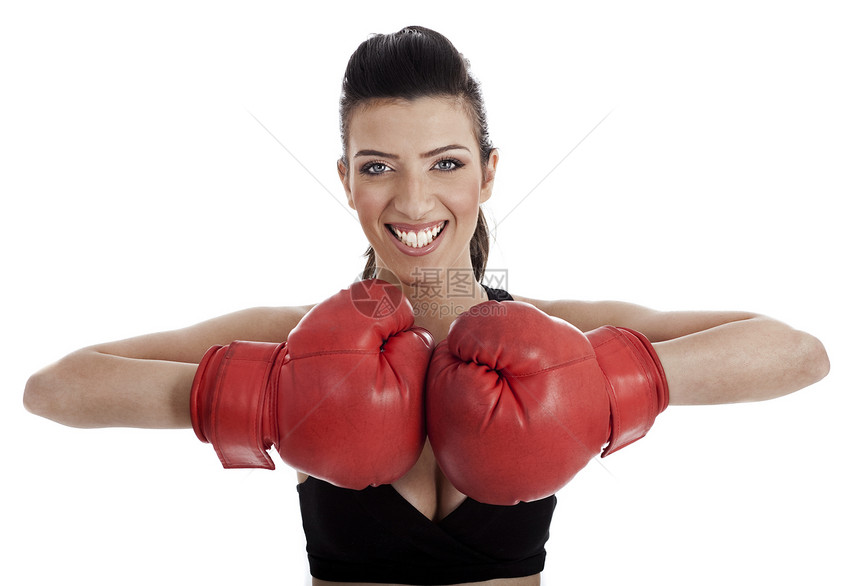 健康女在孤立的白色背景上练习拳击图片