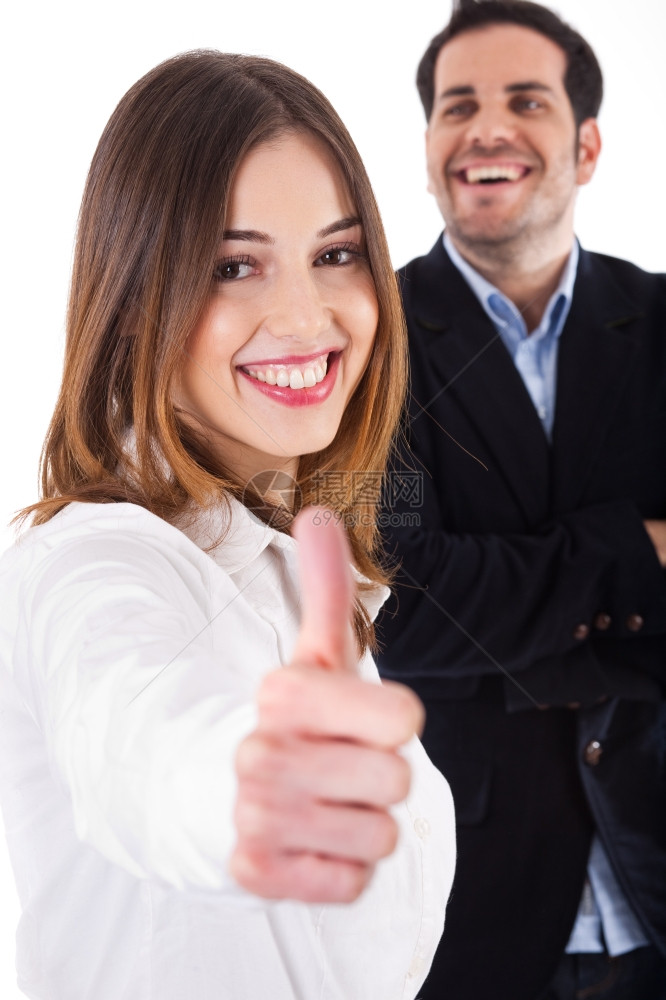成功商业同事女在白色背景上露出拇指图片