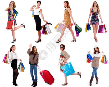 在孤立的白色背景下微笑并携带购物袋的快乐妇女群体图片