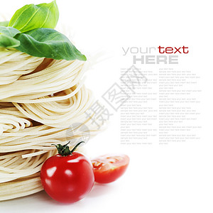 意大利面食西红柿和巴尔白背景有样本文图片