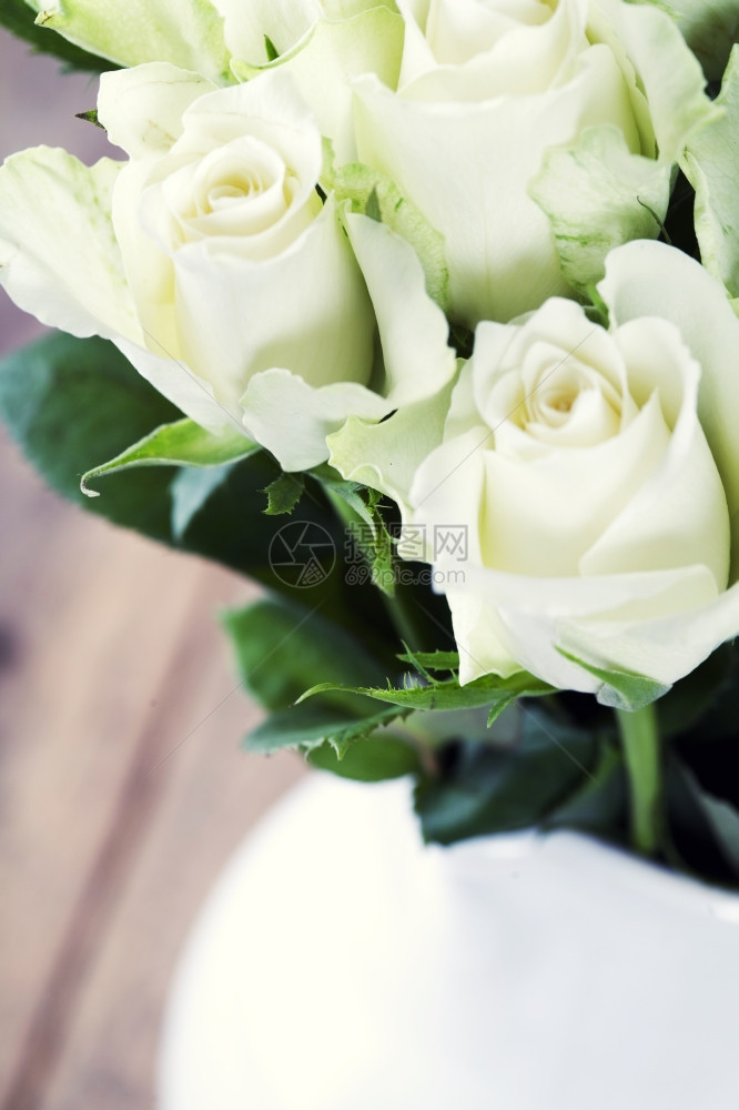桌上花瓶中的白玫瑰束图片
