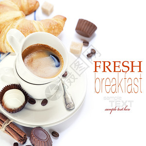 早餐美味有新鲜咖啡牛角面包和巧克力有样本文图片