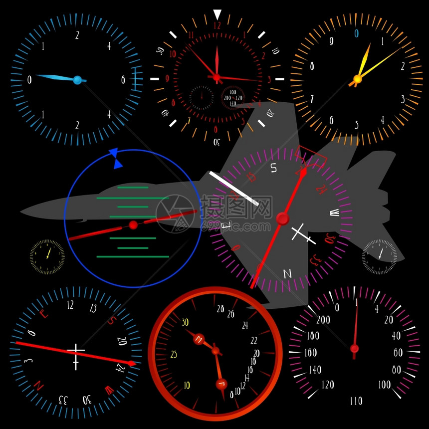 现代飞机仪表板覆盖黑色背景分组物体图片