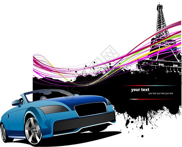 汽车铁具有巴黎图象背景的蓝色轿车矢量插图插画