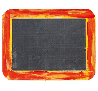 空白符号色上孤立的粗红和黄木框中的小黑板图片
