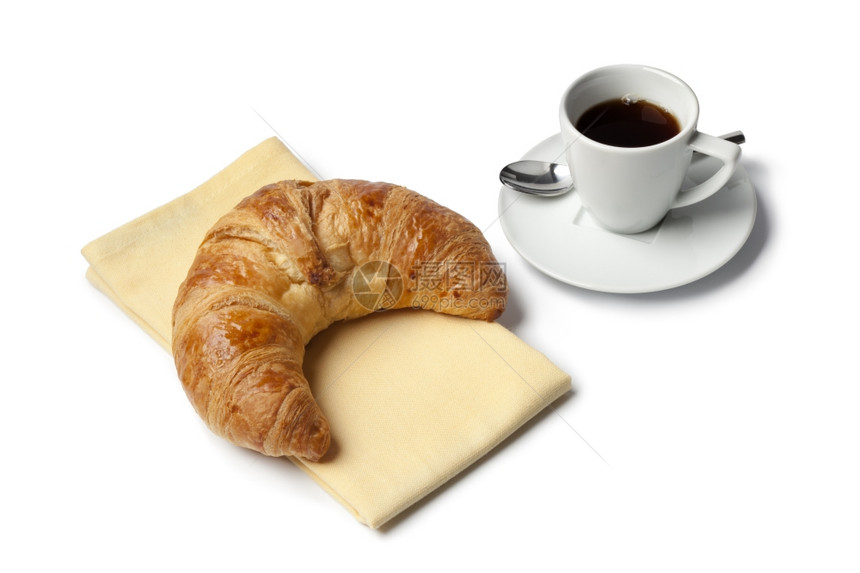 白底咖啡和法国牛角面包咖啡早餐图片