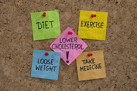 低胆固醇概念健康的饮食锻炼减肥吃药在软木板上贴粘的笔记背景图片
