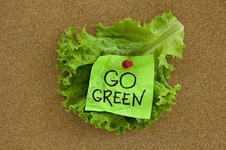 绿色概念去张贴在有生菜叶和提醒说明的cork公告牌上的绿色概念图片