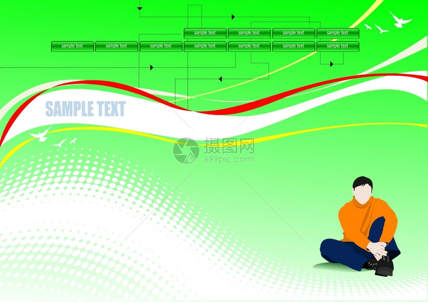 绿色背景有线条和正坐男孩图像页面或网站背景图片
