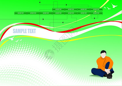 绿色背景有线条和正坐男孩图像页面或网站背景图片