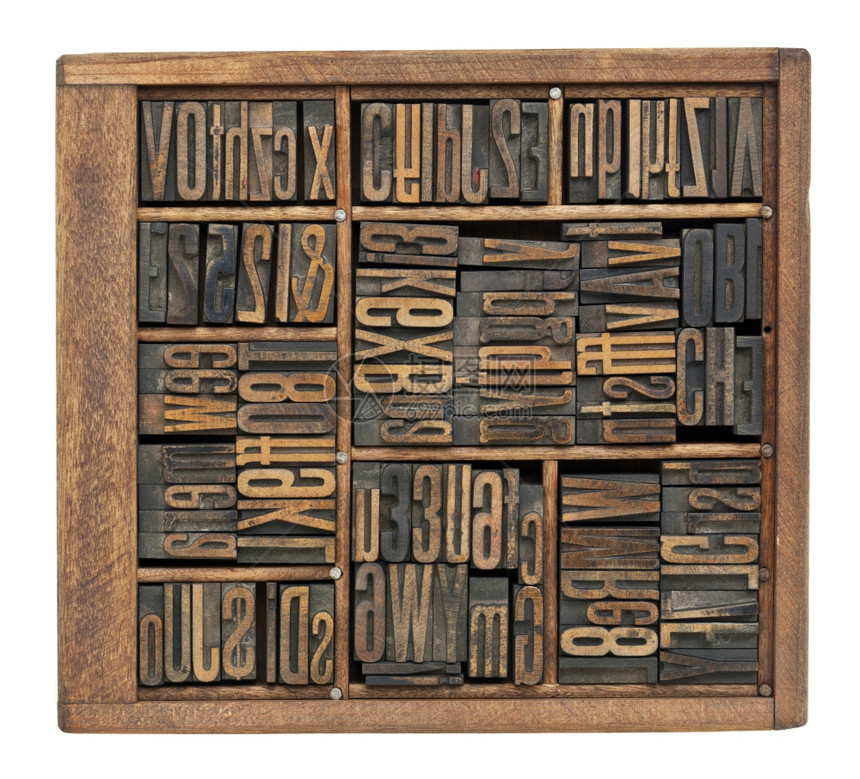 旧框中含有各种字母数绑结凝的哥特字体废木纸质印刷块摘要图片