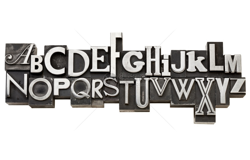 两行的旧金属类型英文字母各种体以白色隔开图片