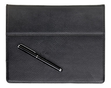 黑色皮革案的钢笔和平板电脑背景图片