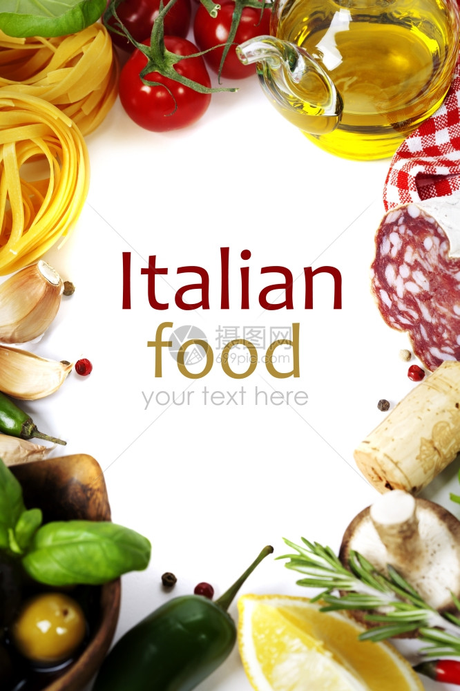 意大利食品在白色易于移动的样本文之上做饭的成分tomatoe大蒜胡椒蘑菇basil橄榄油腊肠图片
