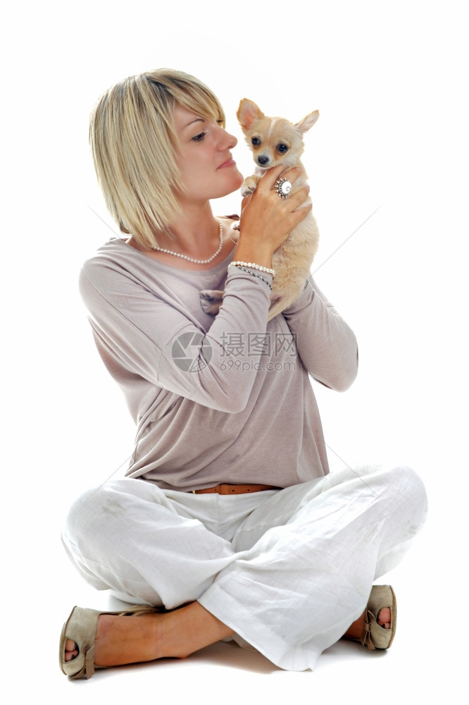 白人背景面前的女人和小狗吉娃的肖像图片