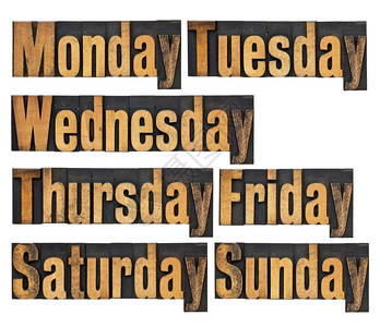 从星期一到天每周七从星期一到天以旧式纸质木头类型拼贴的单词背景图片