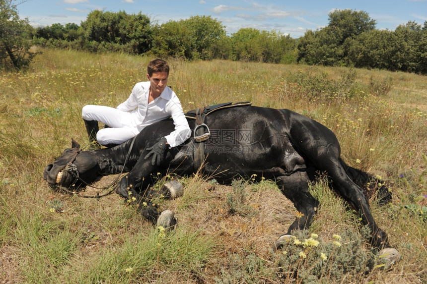 年轻男子和他的黑种马在田野里图片