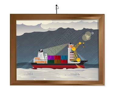 木质画框里的轮船画卡通矢量插画图片