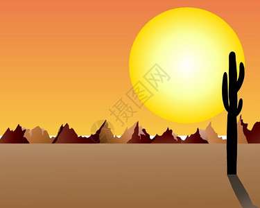 日落背景下的沙漠和岩石矢量图背景图片