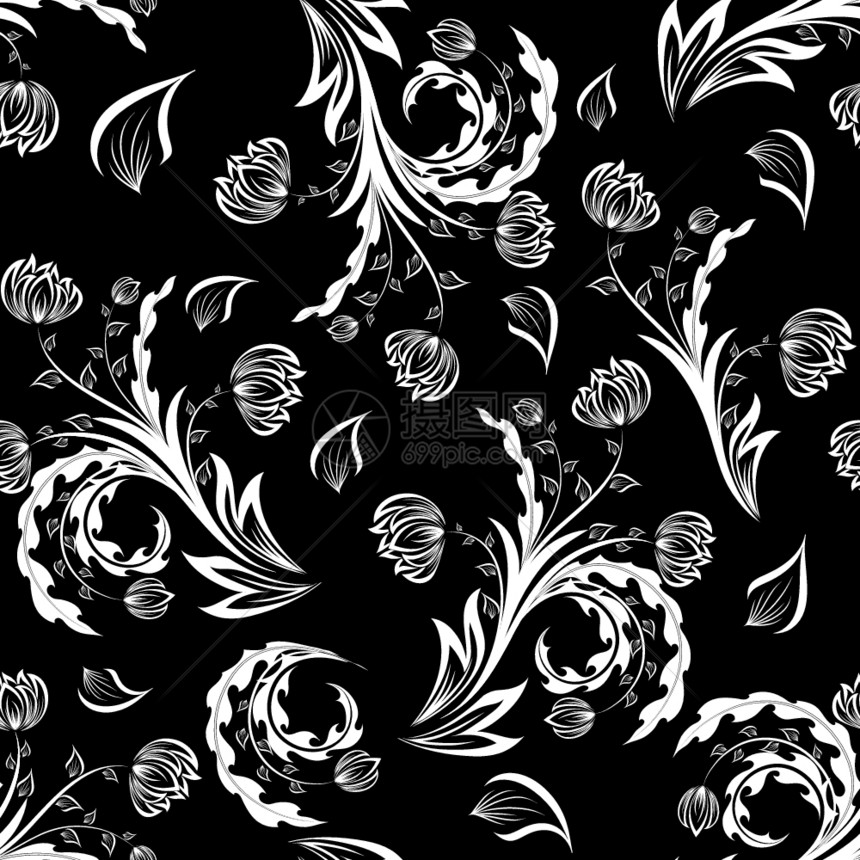 黑色无缝矢量花卉图案设计背景图片