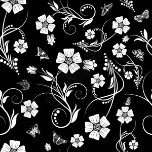 复古黑色无缝矢量花卉图案设计背景图片