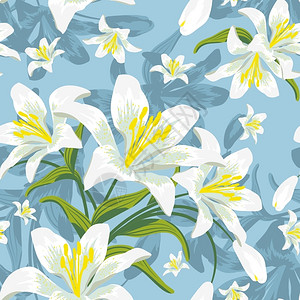 锦缎模式蓝色百合花复古无缝矢量花朵图案矢量设计元素背景插画
