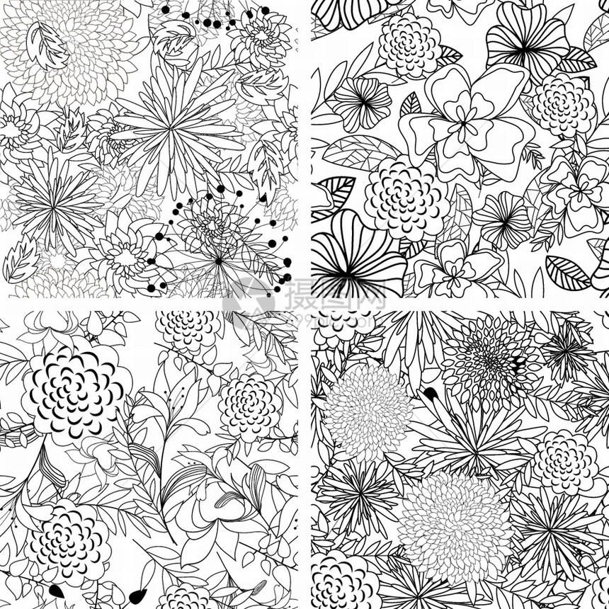 黑白复古无缝矢量花朵图案矢量设计元素背景图片