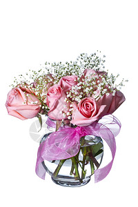纯白色背景的玻璃花瓶中美丽的粉红玫瑰图片