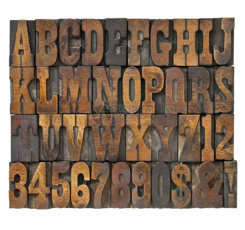 以老式纸质印刷木头类型表示的字母和数以法语的Clarendontypeset表示的字母图片