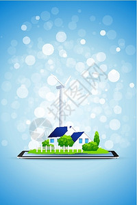 国家能源局平板电脑上的乡村房屋和发电站插画
