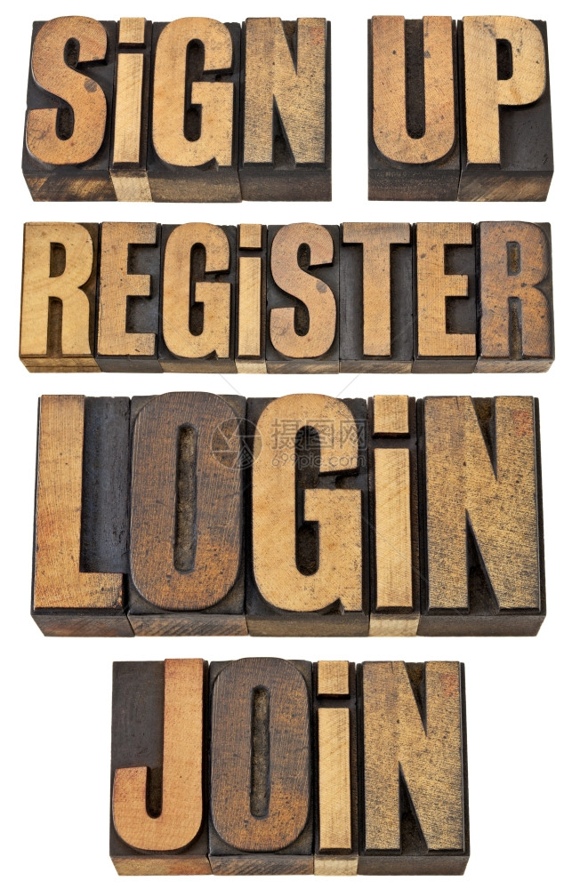 登录注册加入签名互联网和络烧用词老式纸质木头类型拼贴单词图片