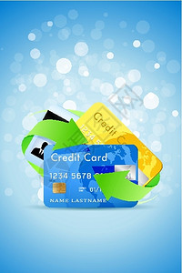 带信用卡和绿箭的蓝背景背景图片