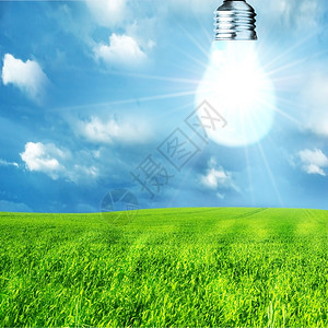 绿色能源概念大自然背景的灯泡图片