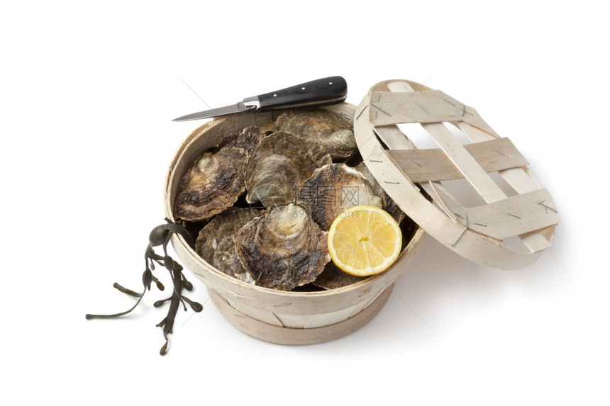 带刀子和白底柠檬的篮子中新鲜欧洲扁牡蛎图片