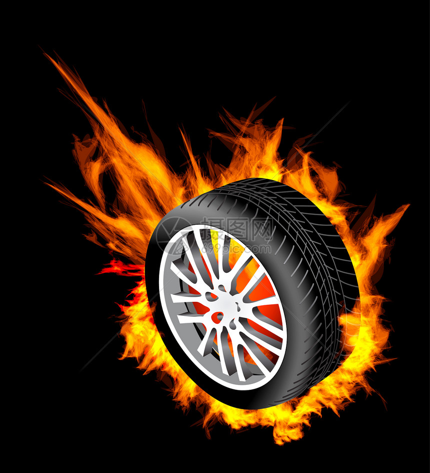 黑色背景的燃烧轮胎矢量插图图片