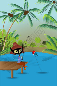 在湖上钓鱼的小黑猫卡通矢量插画图片