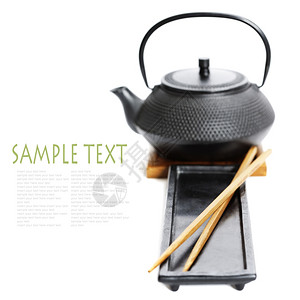亚洲食品概念Tea锅和筷子带有样本文图片