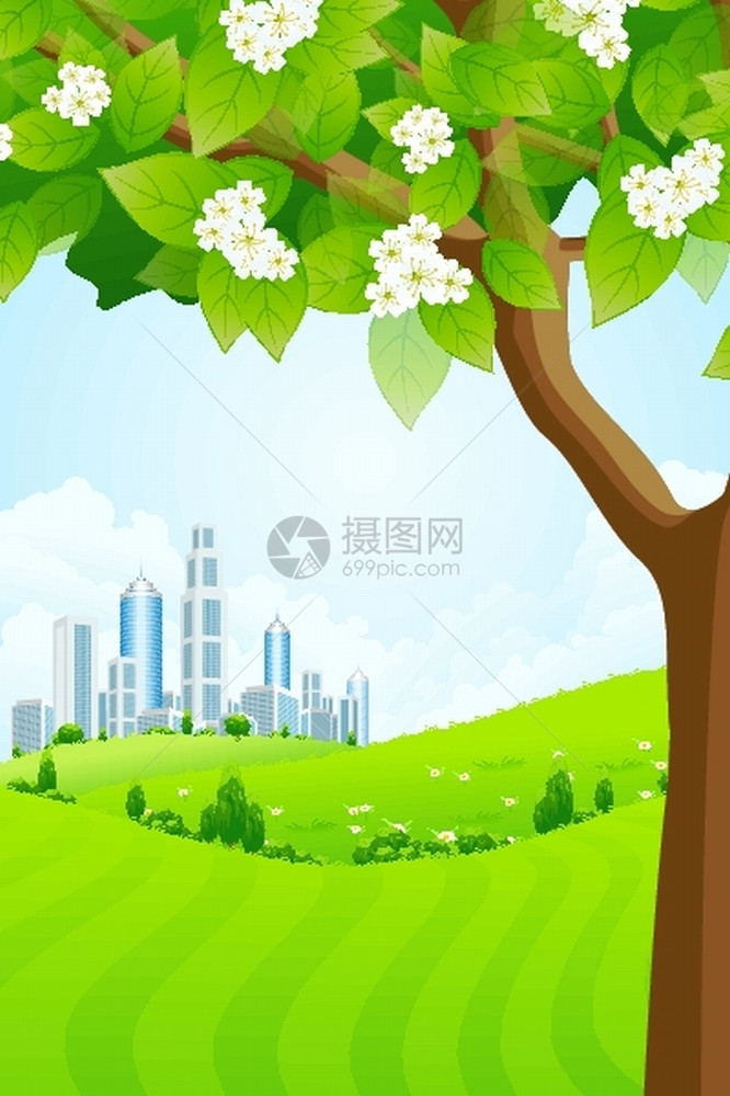 绿色背景与树木和现代城市图片