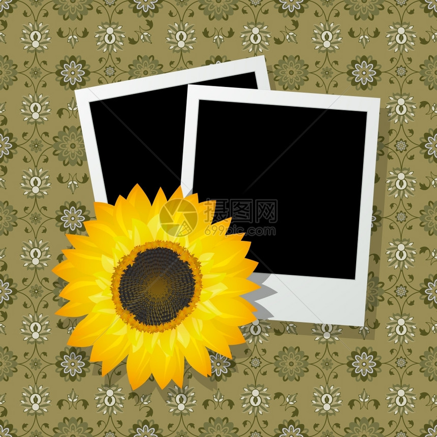 两幅空白的图片框上面有向日葵抽象的艺术图片