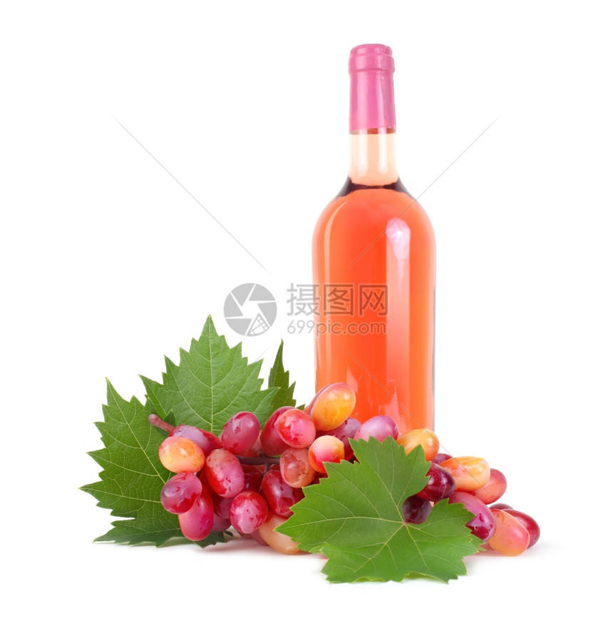 葡萄叶和玫瑰葡萄白酒瓶和图片