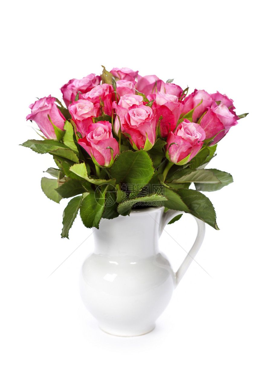 花瓶中的粉红玫瑰花束图片