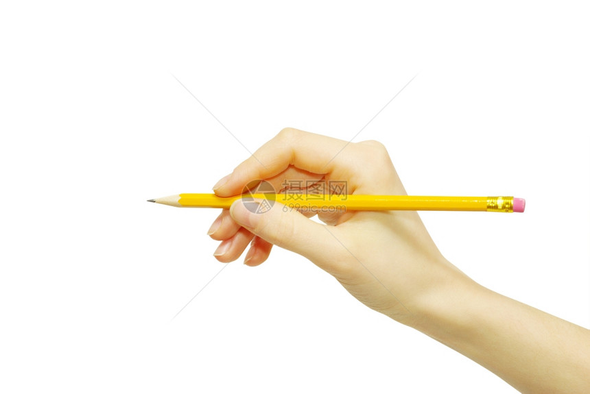 手用白纸上孤立的铅笔图片