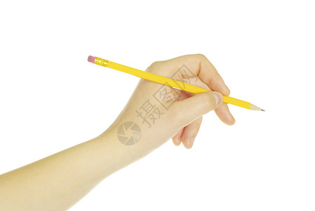 妇女手中的铅笔在白色背景上被孤立高清图片