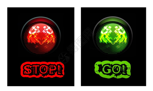 两个聚光灯红灯和绿灯在黑色背景上隔离图插画