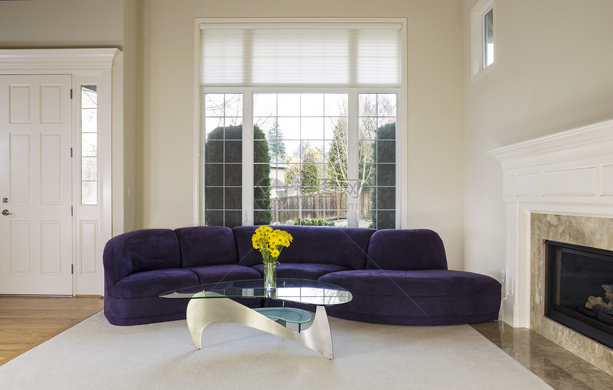 大型家庭客厅内有皮下沙发玻璃桌在大型双窗前的玻璃桌日光进入房间图片