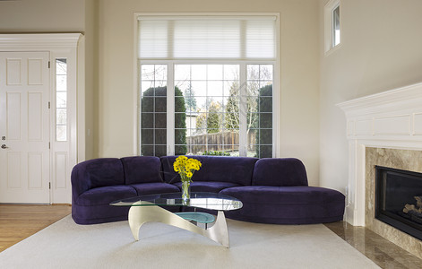 大型家庭客厅内有皮下沙发玻璃桌在大型双窗前的玻璃桌日光进入房间背景图片